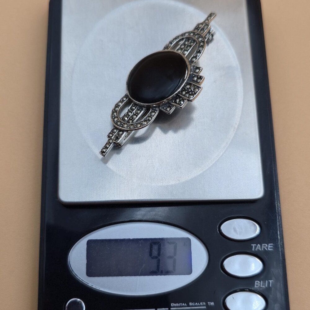 Sterling Silver Black Onyx And Marcasite Stones Pin Brooch B780 - Picture 8 of 8